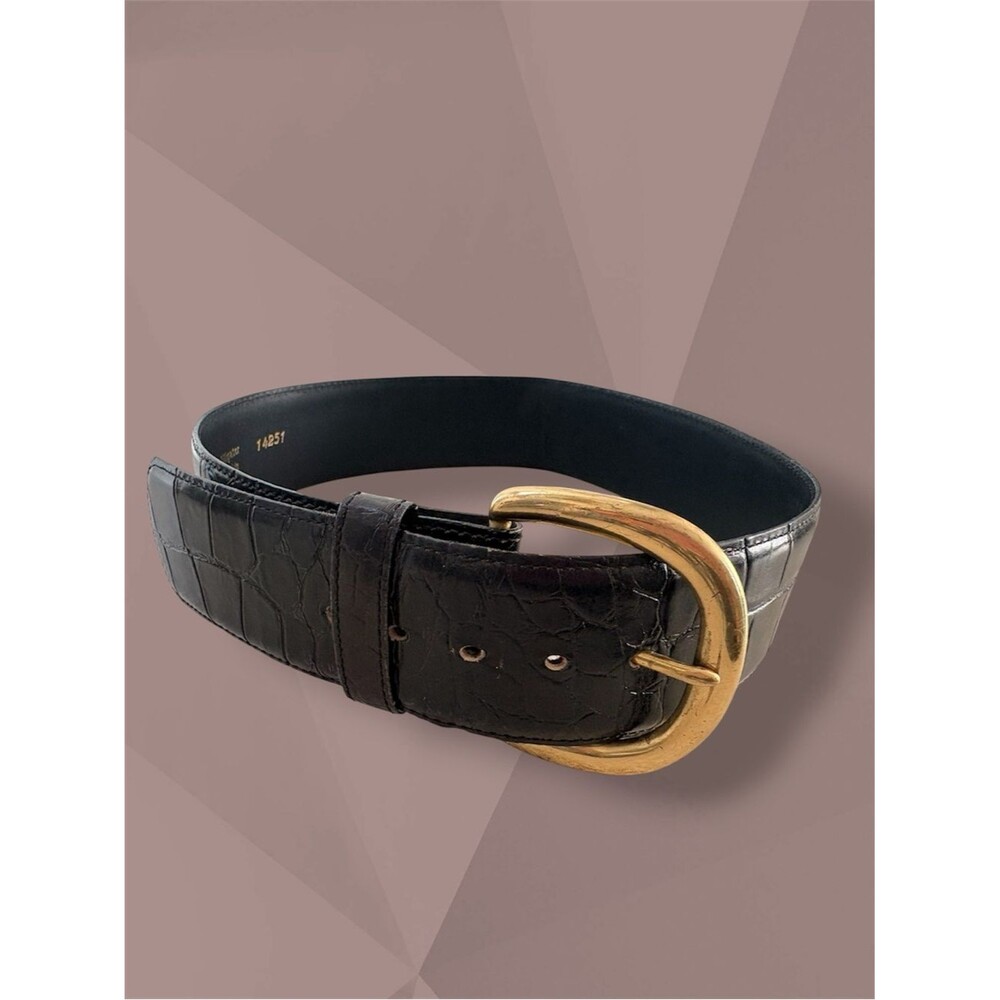 VTG Eddie Bauer Black Alligator Grain Croc Brass Buckle Leather Belt Size S